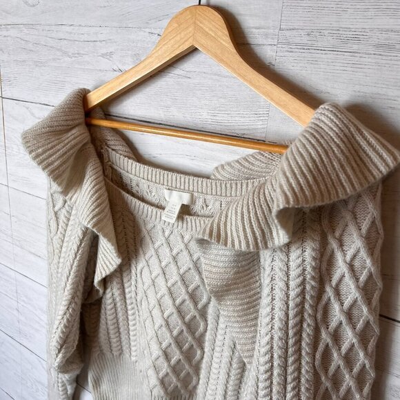H&M Sweater Womens Size Medium Oatmeal Flounced Cable Knit Ruffle Crop Fall Wear - Picture 11 of 16